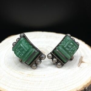 Vintage Mexico Silver Green Onyx Screw Back Earrings
